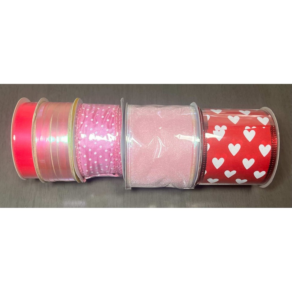 5 Pack Pink Red Valentine Ribbon Lot Hearts Polka Dot Satin Sheer Crafting